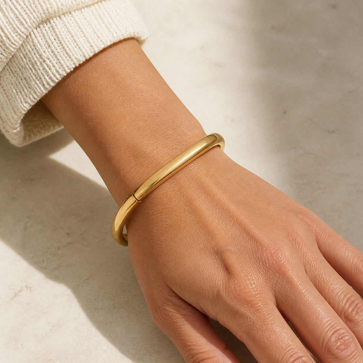Chunky Square Bangle worn — 18k gold-plated 316L stainless steel, water-resistant
