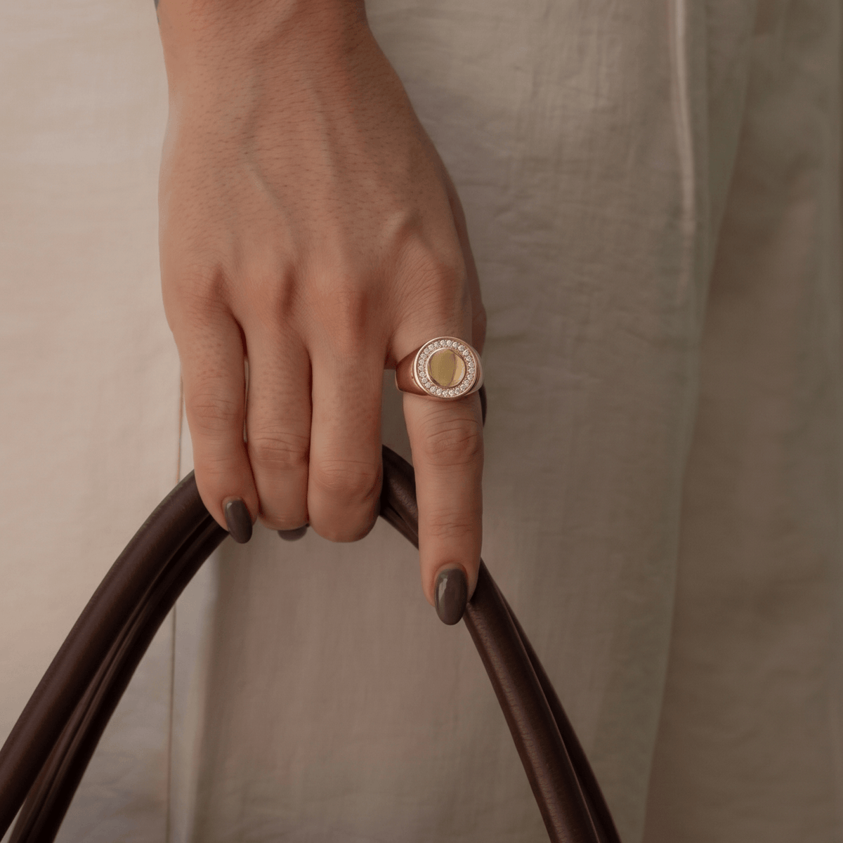 Waterproof Circle Pave Signet Ring, 18k gold-plated stainless steel