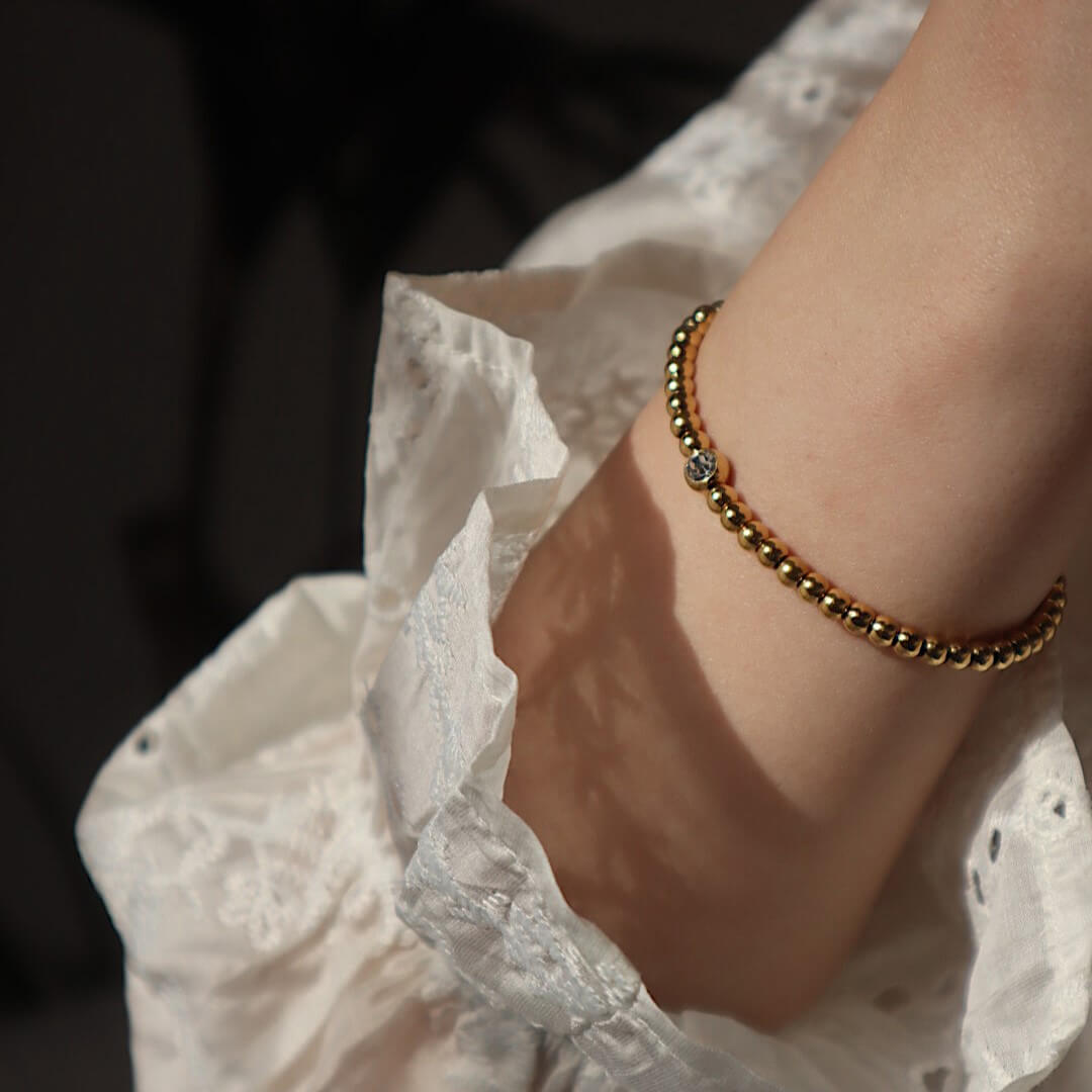 Waterproof Gold Beaded Solitaire Bracelet, 18k gold-plated stainless steel