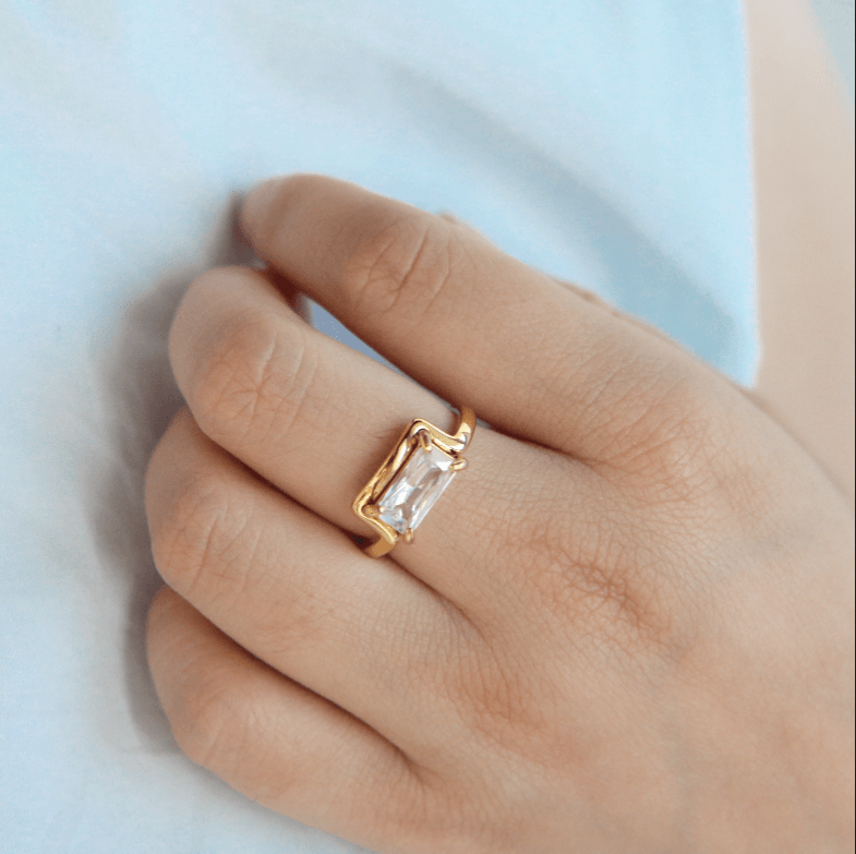 Waterproof Tarnish-Free Half Frame Gem Ring, 18k gold-plated stainless steel