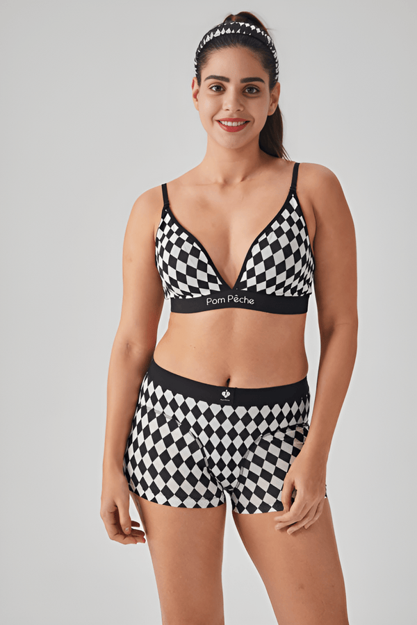 Coco Black and White Diamond - cut Checkers French High Waist Boxer - Stylr