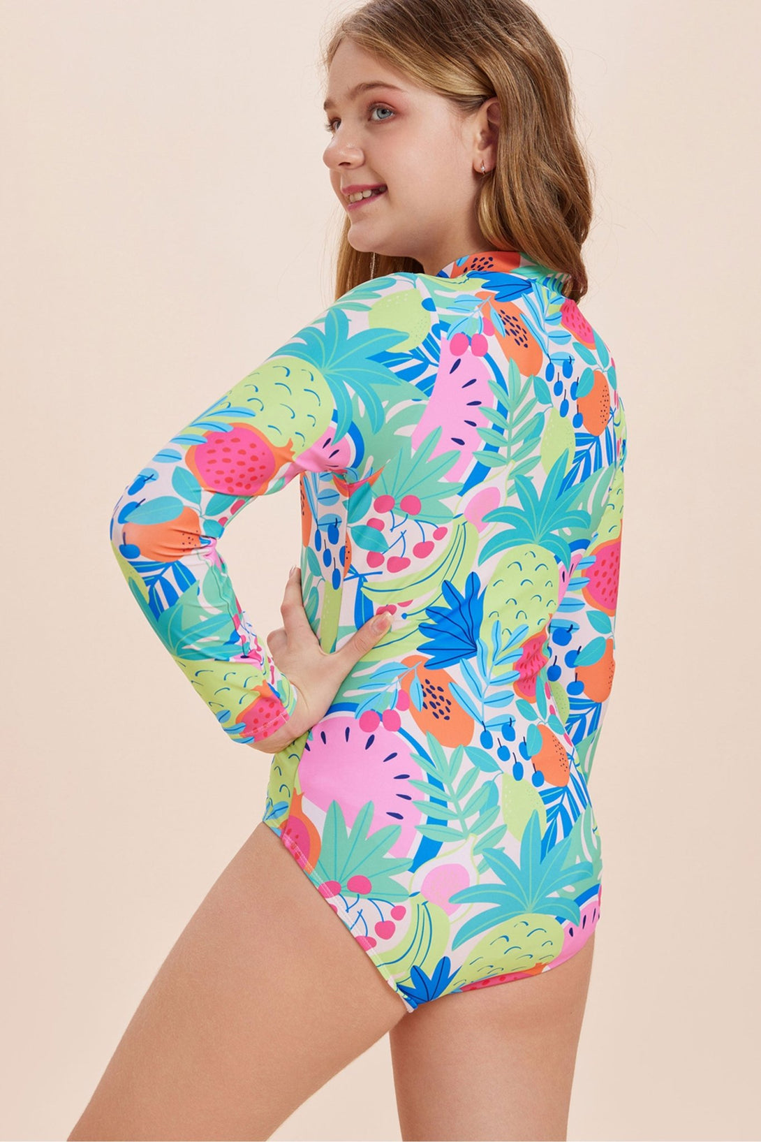 Colorful Tropical Printed Long Sleeve Zipper One - Piece Swimsuit - Stylr