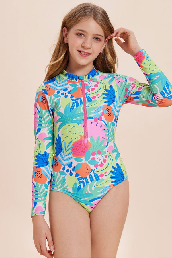 Colorful Tropical Printed Long Sleeve Zipper One - Piece Swimsuit - Stylr