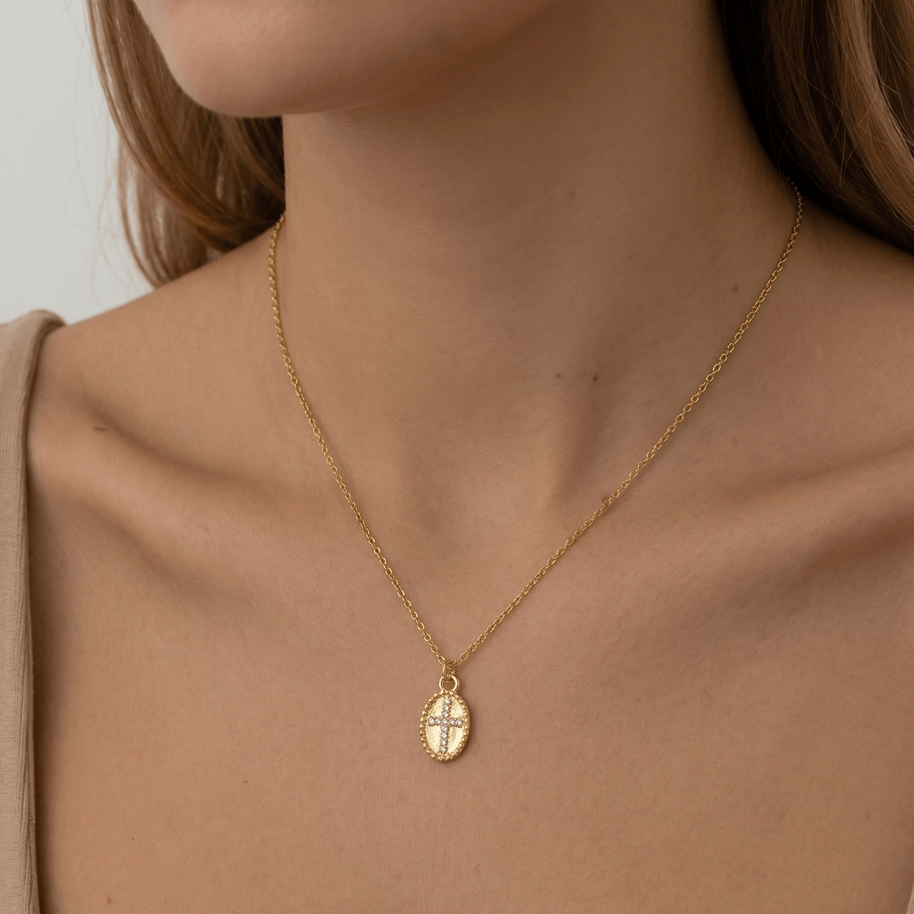 Oval CZ Cross Pendant Necklace – Waterproof 18K Gold