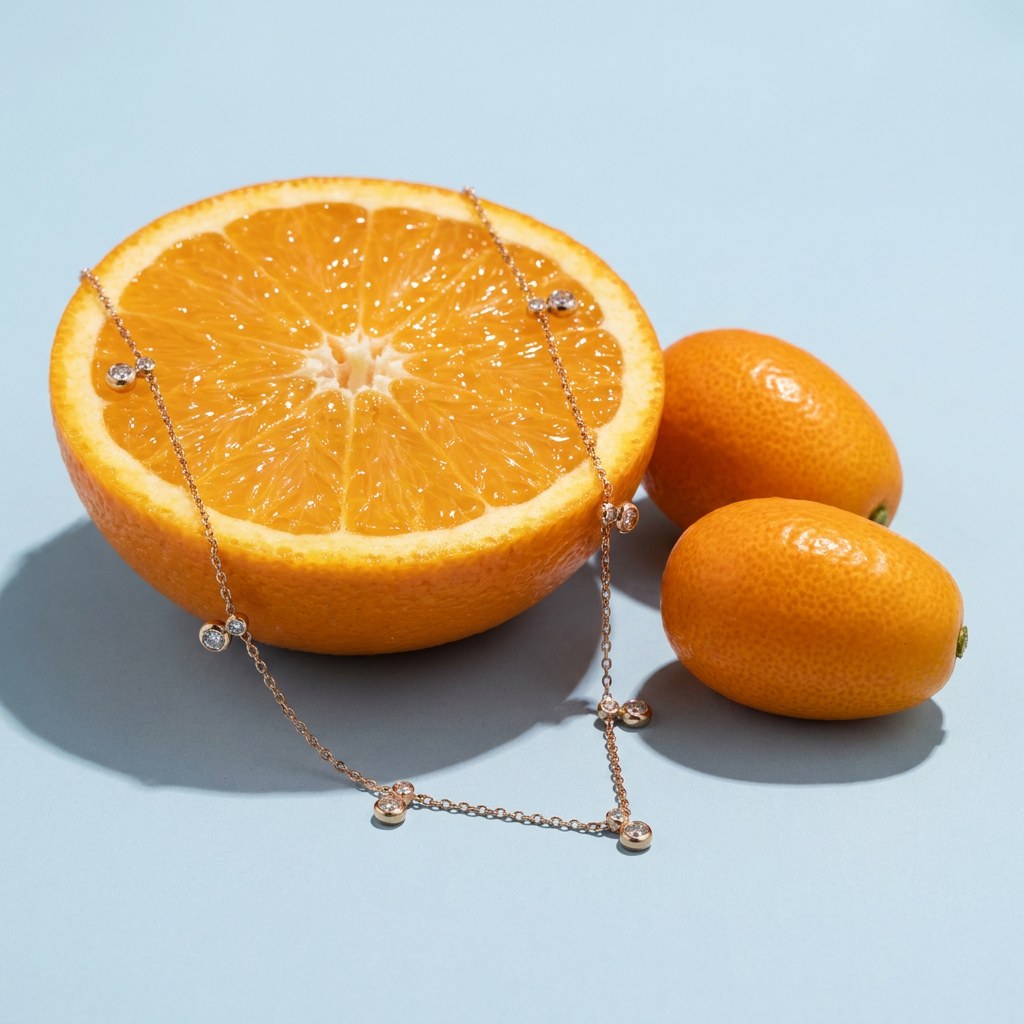 Crystal Bezel Station Necklace on a pale blue backdrop beside a halved orange and two kumquats