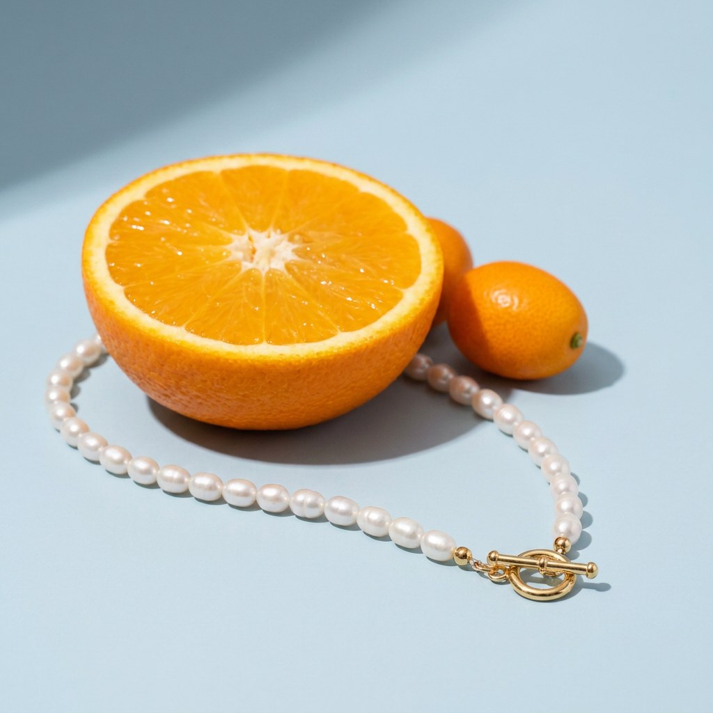 Dainty Pearl Toggle Necklace on a pale blue backdrop beside a halved orange and two kumquats