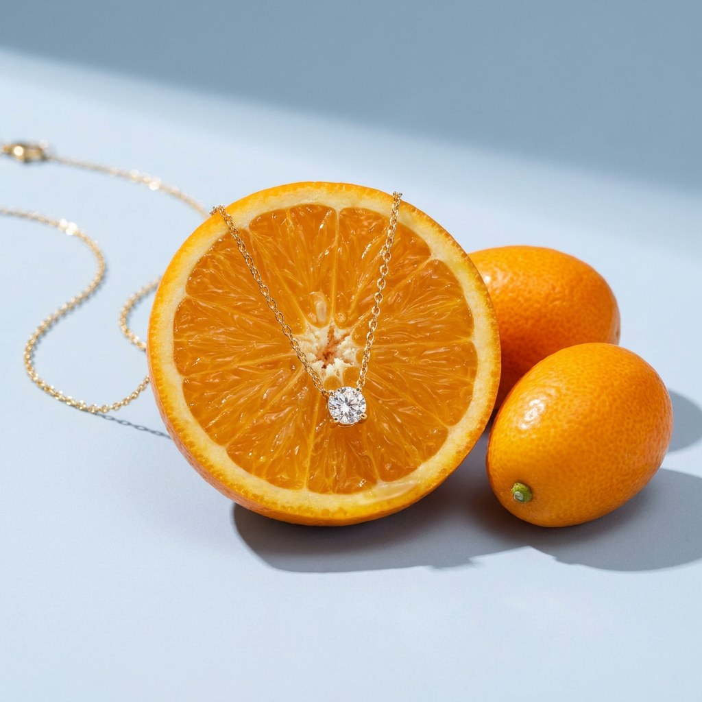 Dainty Solitaire Necklace on a pale blue backdrop beside a halved orange and two kumquats