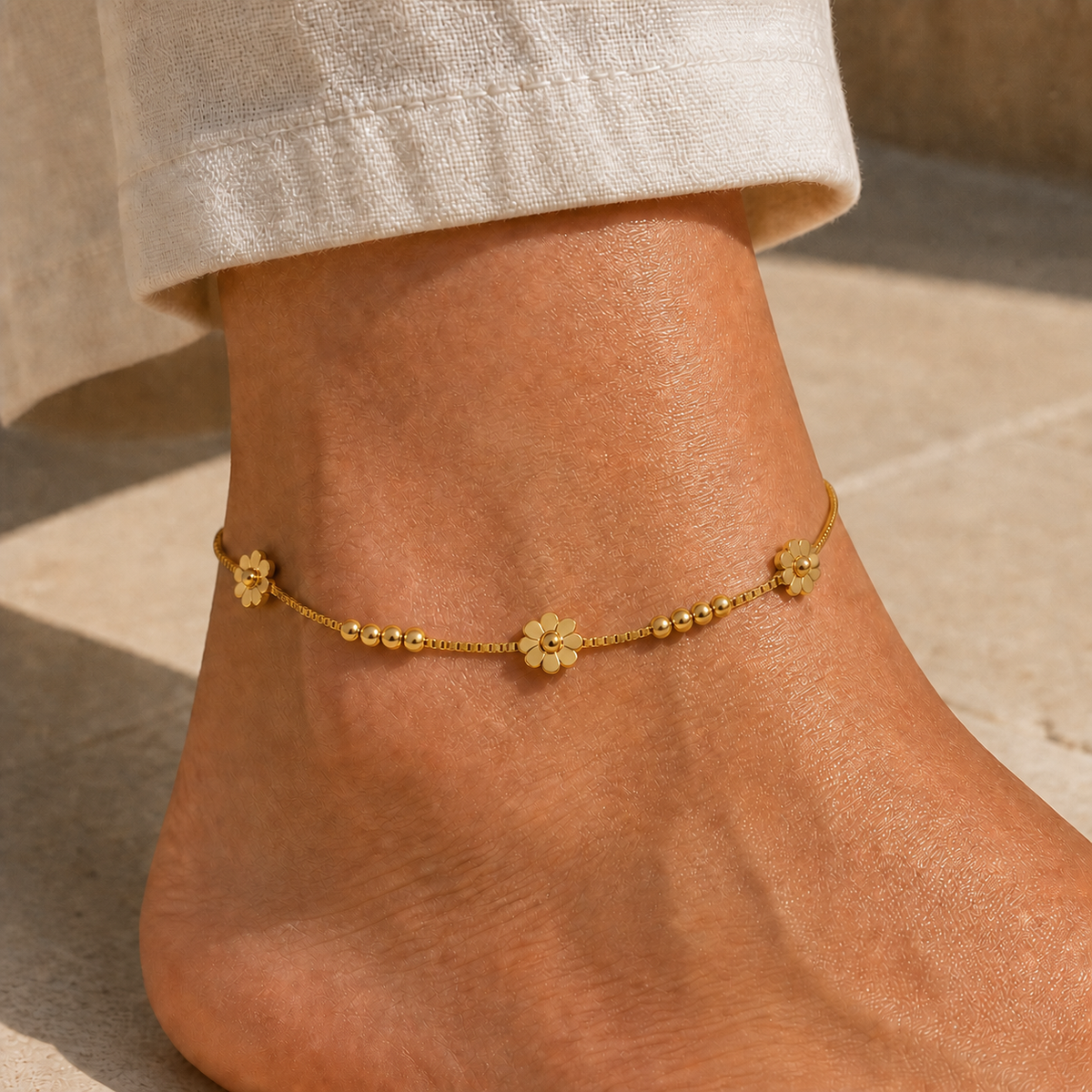 Daisy Chain Anklet - Waterproof Gold Daisies worn on model