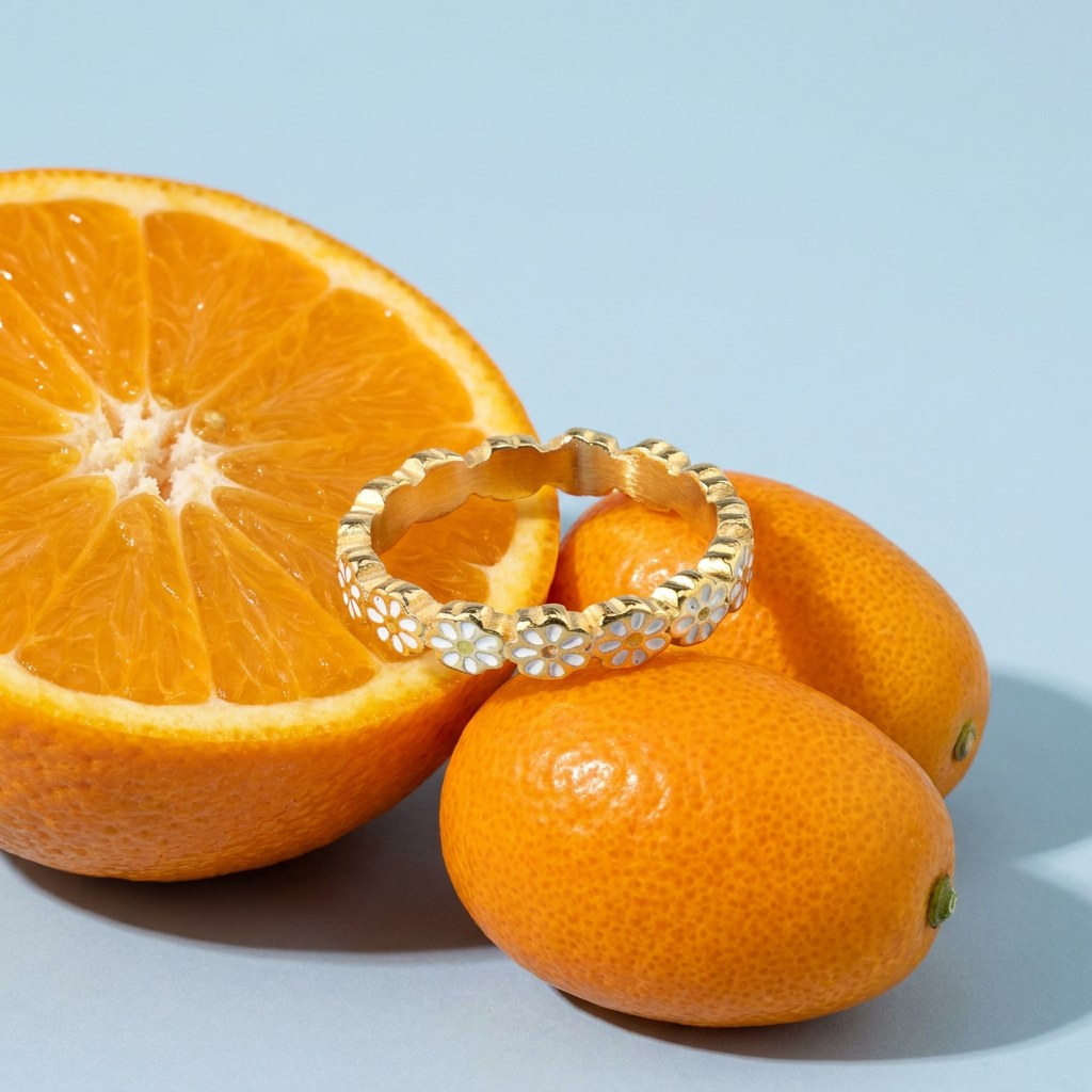 Daisy Flower Band Ring on a pale blue backdrop beside a halved orange and two kumquats