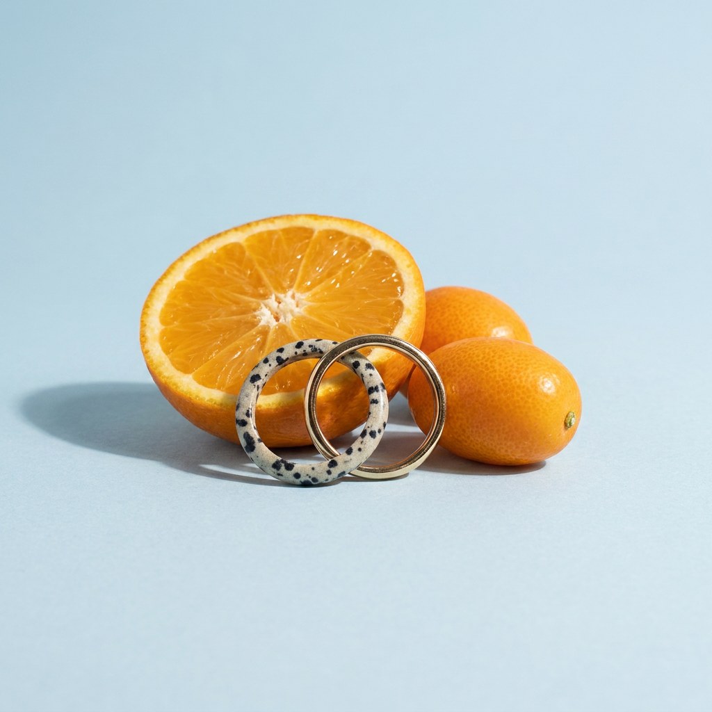 Dalmatian Double Band Ring on a pale blue backdrop beside a halved orange and two kumquats