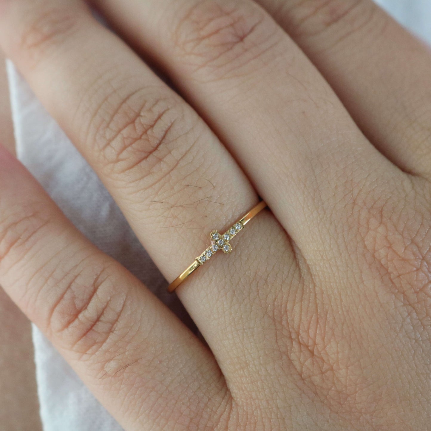 Delicate Pave Cross Ring, waterproof 18k gold-plated stainless steel