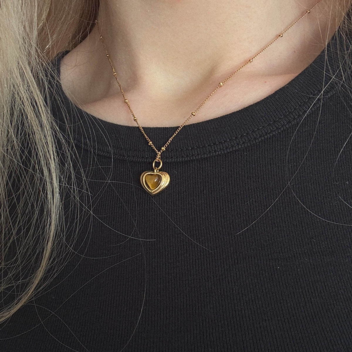 Tiger's Eye Heart Necklace, waterproof 18k gold-plated stainless steel