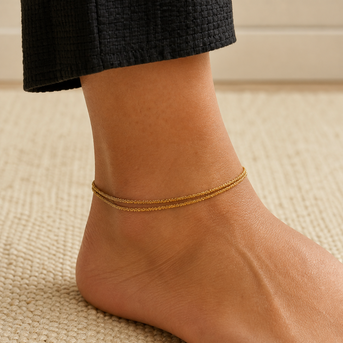 Double Layer Diamond-Cut Anklet – Waterproof Gold worn on model