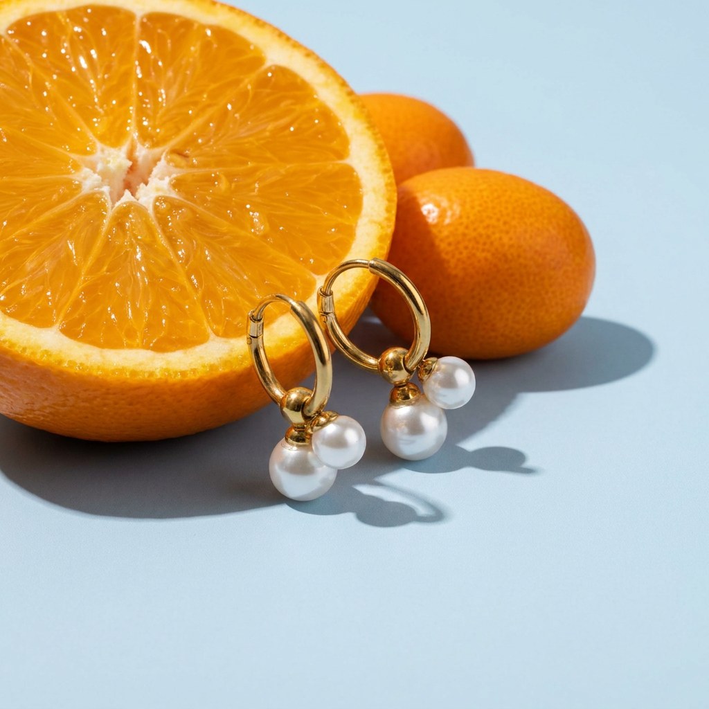 Double Pearl Hoop Earrings on a pale blue backdrop beside a halved orange and two kumquats