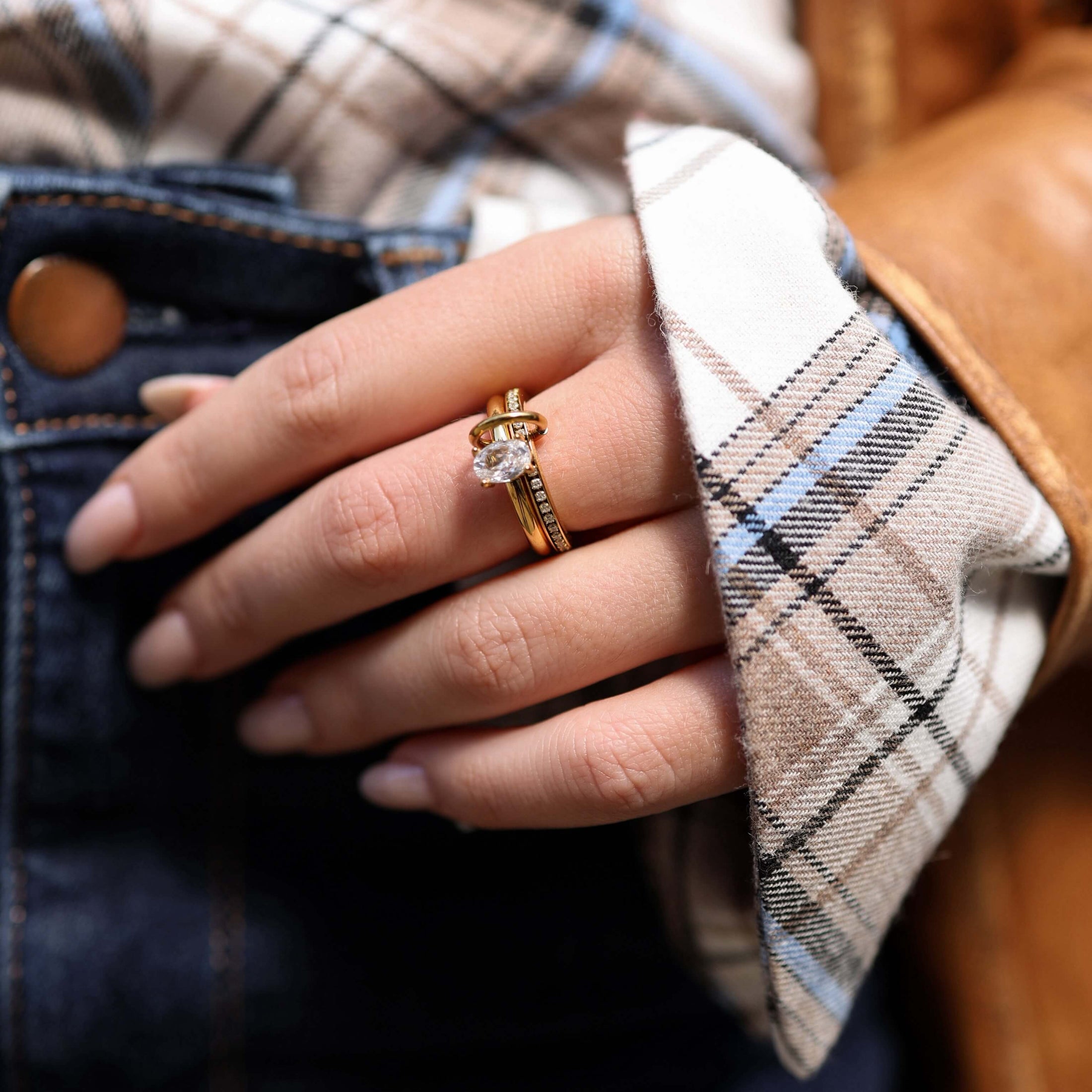 Oval Pave Duo Ring Set, waterproof 18k gold-plated stainless steel