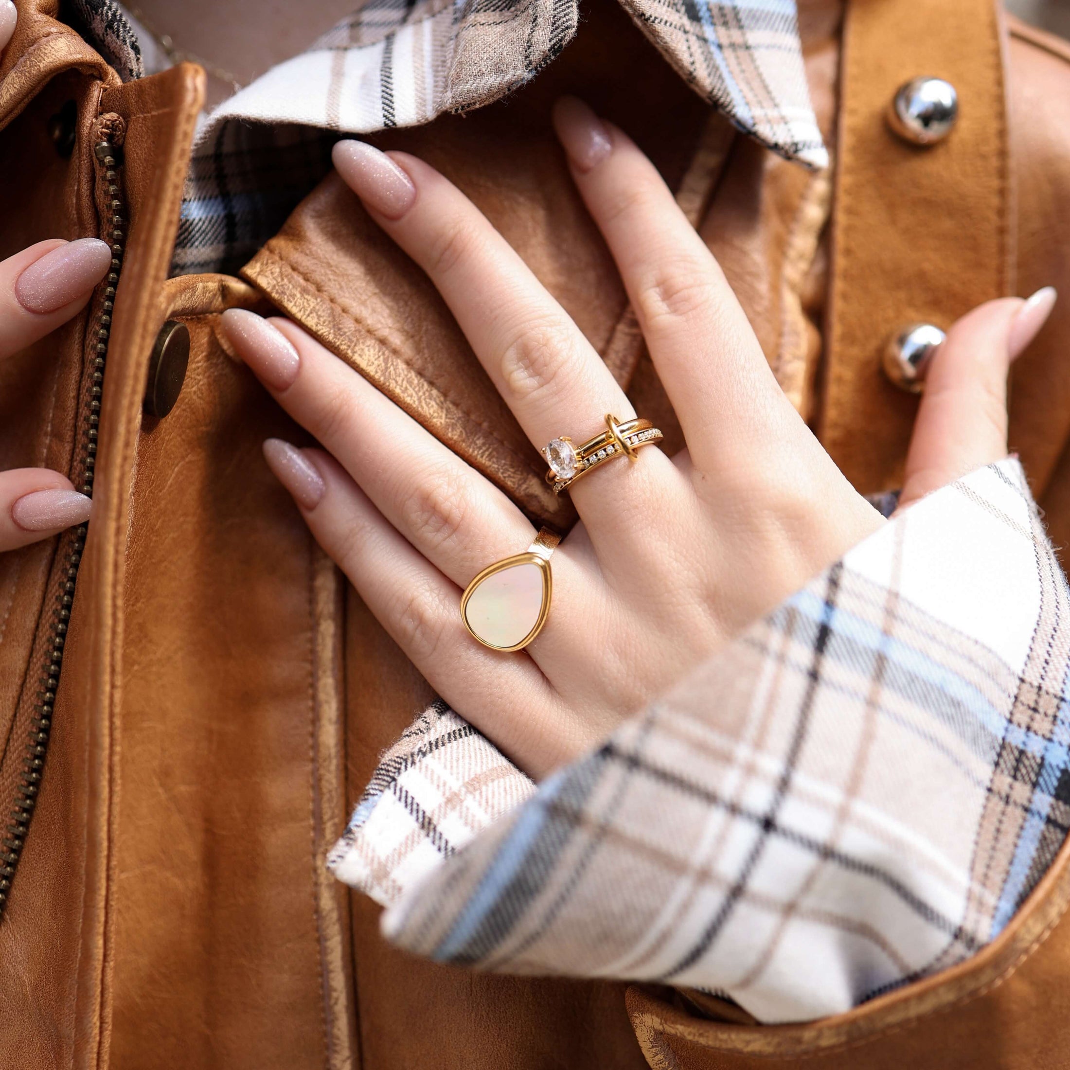 Oval Pave Duo Ring Set, waterproof 18k gold-plated stainless steel