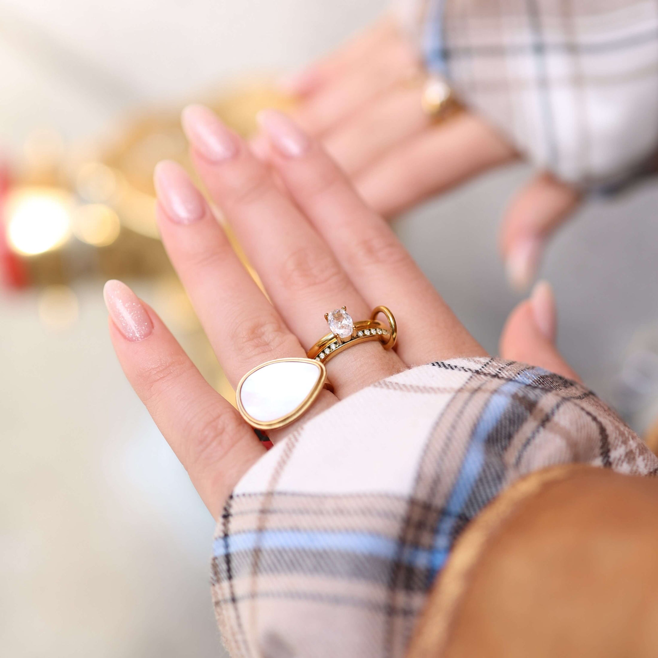 Oval Pave Duo Ring Set, waterproof 18k gold-plated stainless steel