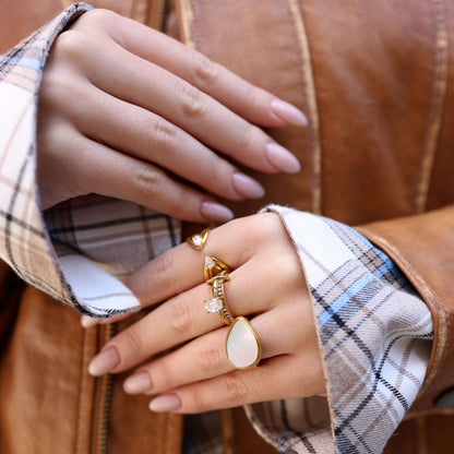 Meideya Oval Pave Duo Ring Set, waterproof 18k gold-plated stainless steel