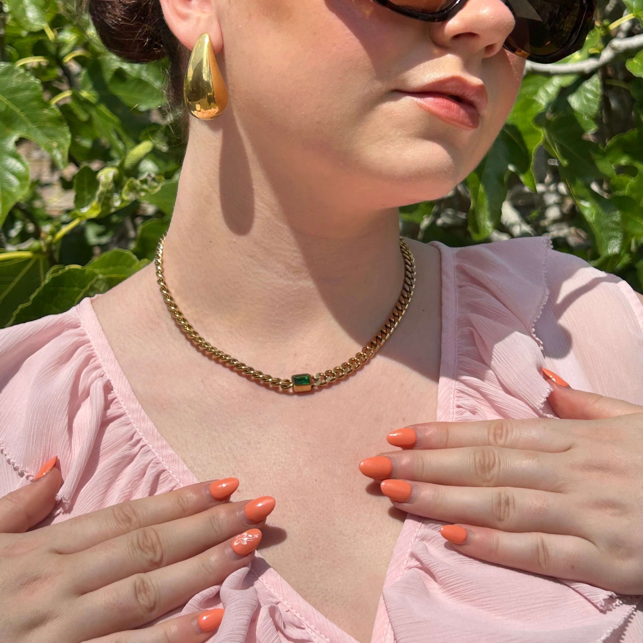 Emerald Gem Curb Chain Necklace, waterproof 18k gold-plated stainless steel
