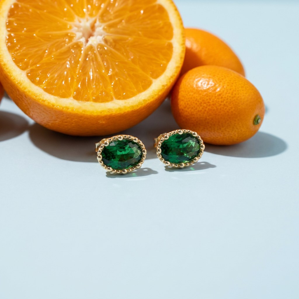 Emerald Oval Stud Earrings on a pale blue backdrop beside a halved orange and two kumquats