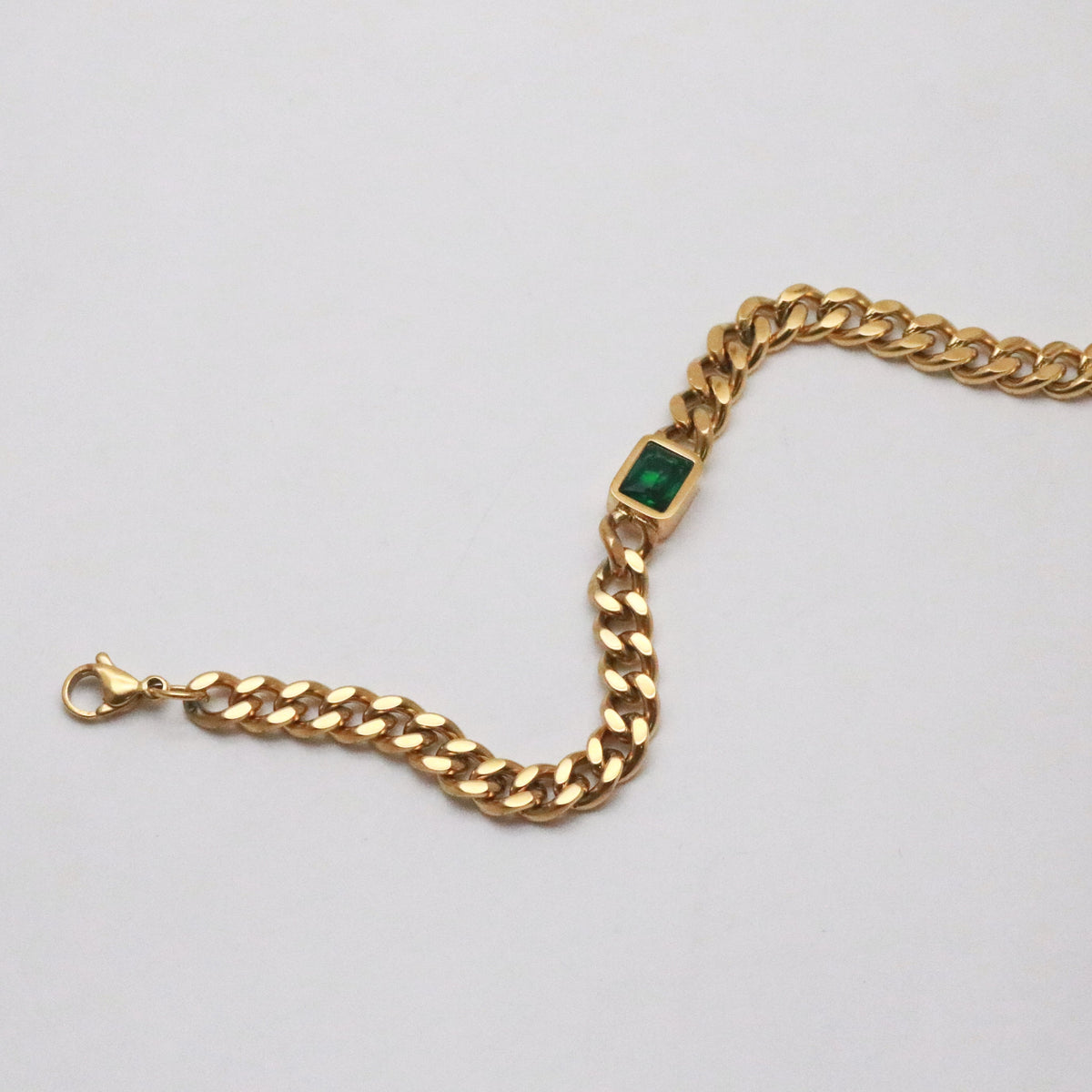 Emerald Gem Curb Chain Bracelet, waterproof 18k gold-plated stainless steel
