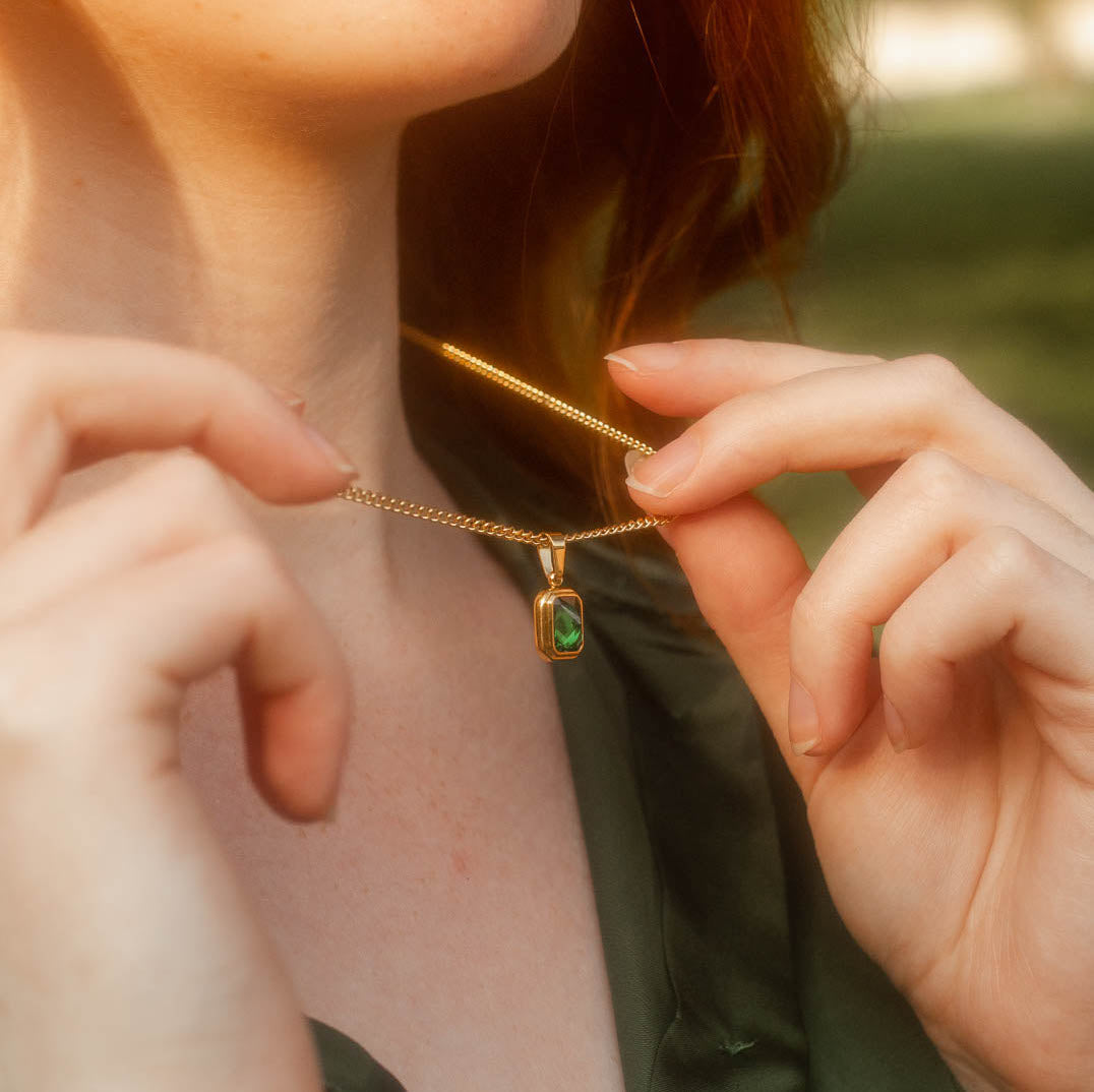 Waterproof Gold Pendant Necklace with Emerald Stone, 18k gold-plated stainless steel