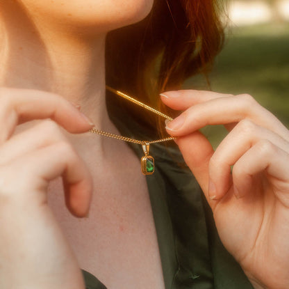 Waterproof Gold Pendant Necklace with Emerald Stone, 18k gold-plated stainless steel