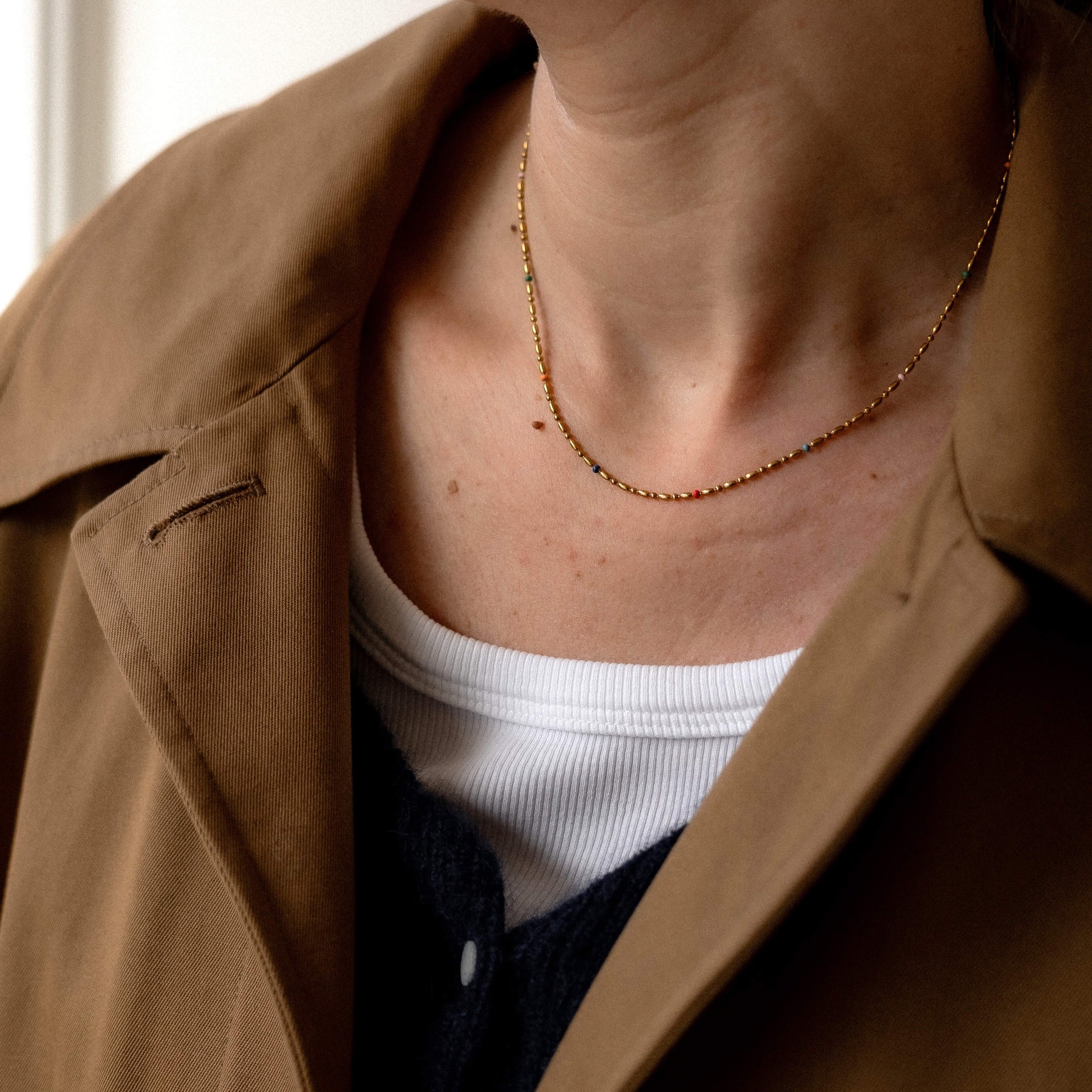 Rainbow Rice Bead Chain Necklace, waterproof 18k gold-plated stainless steel