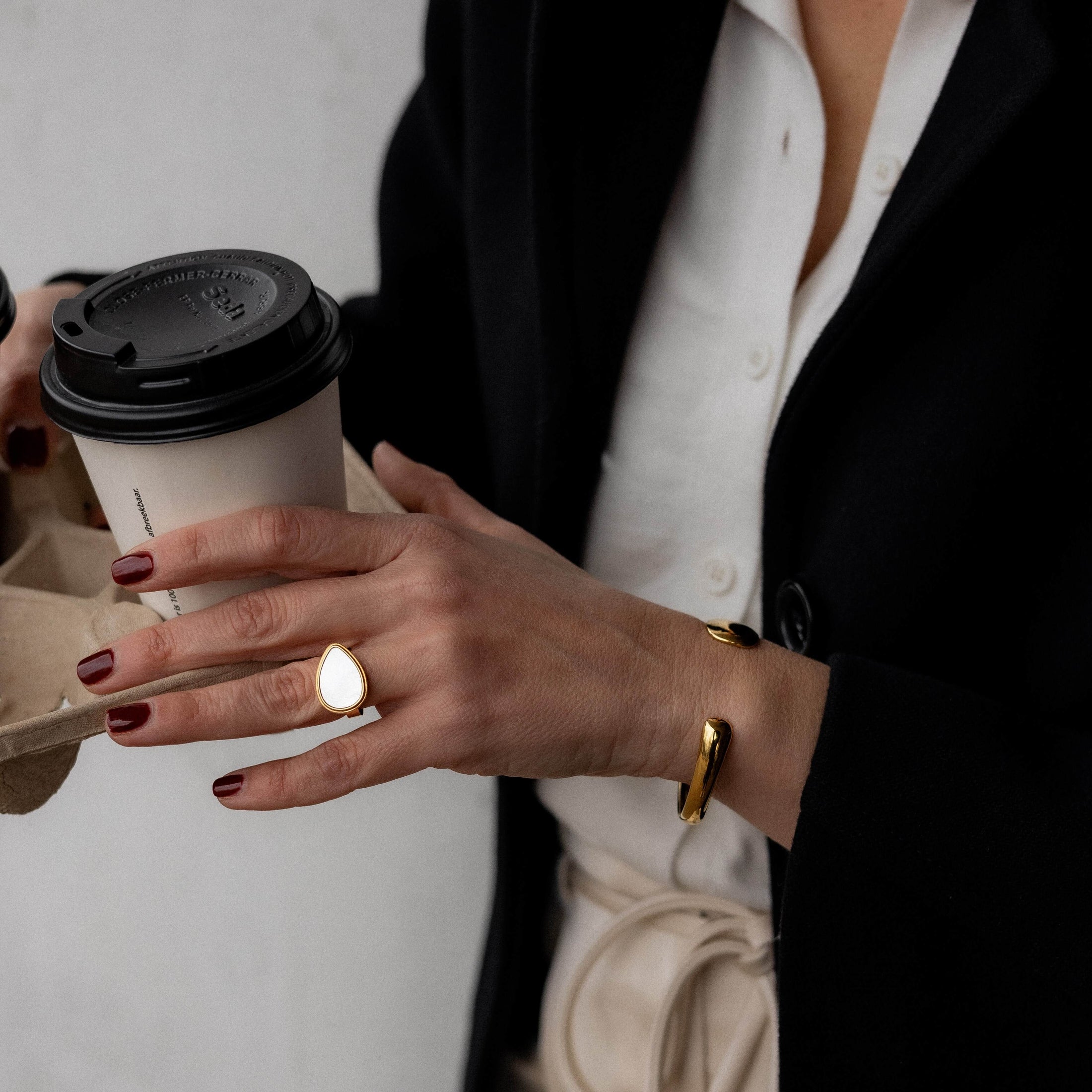 Mother of Pearl Statement Signet Ring, waterproof 18k gold-plated stainless steel