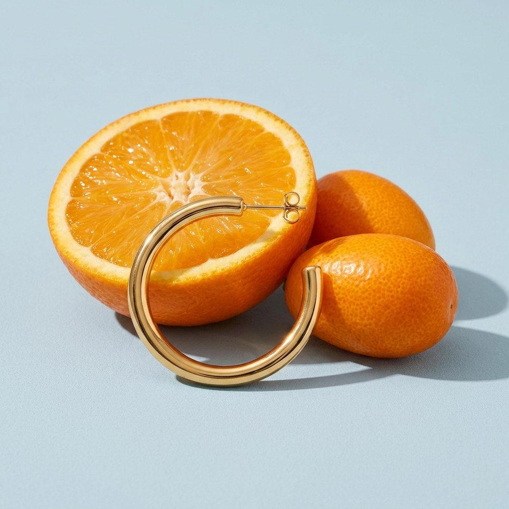 Faith Chunky Large Hoops 48mm Gold Earrings on a pale blue backdrop beside a halved orange and two kumquats