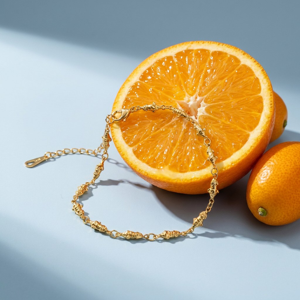 Fish Anklet on a pale blue backdrop beside a halved orange and two kumquats