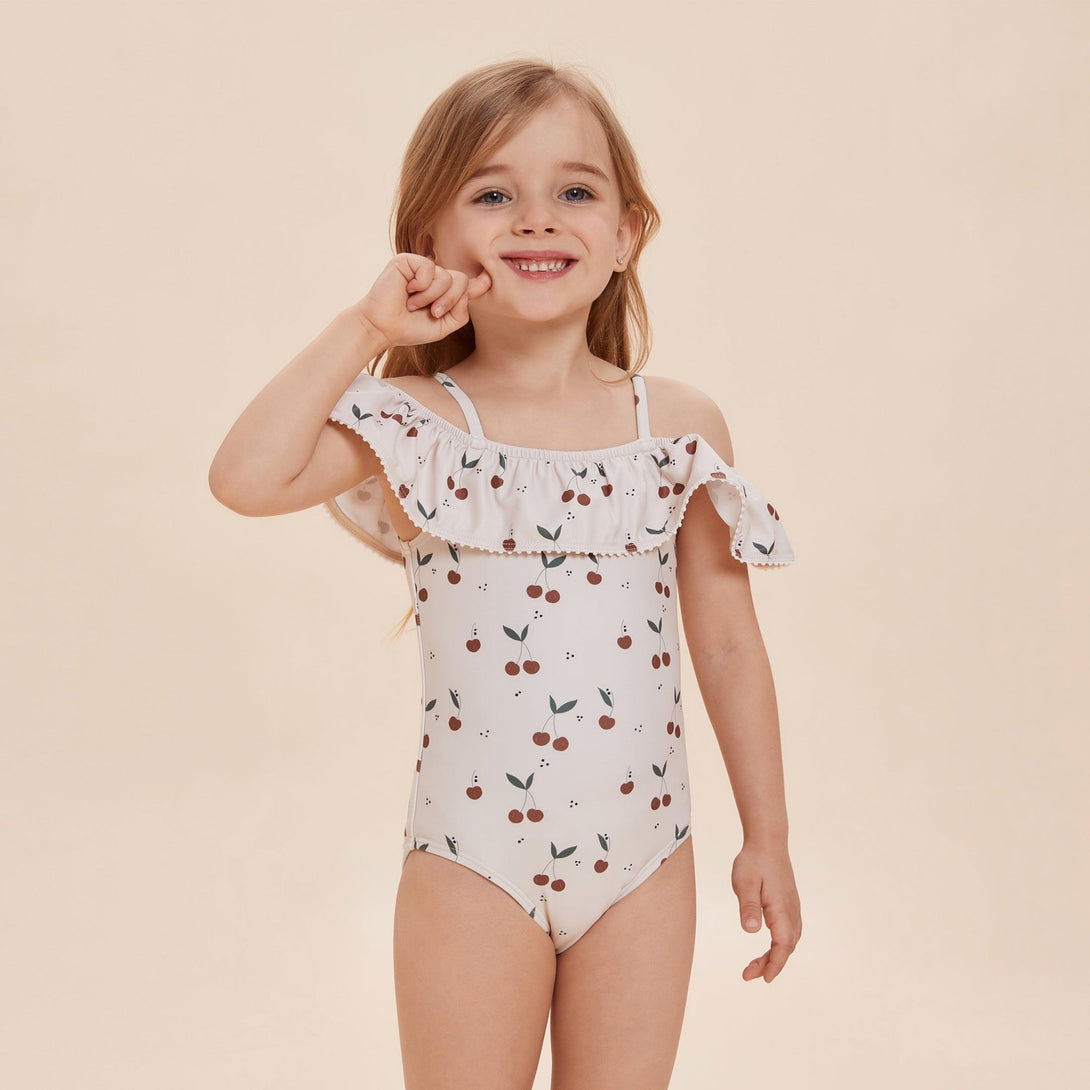 Girls' Cherry Print One - Piece Swimsuit with Ruffles - Stylr