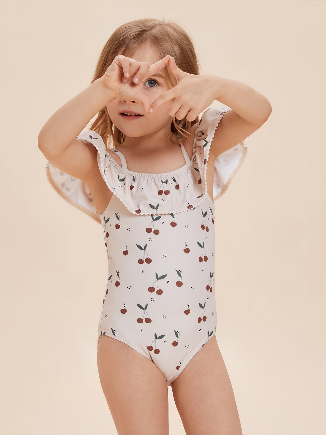 Girls' Cherry Print One - Piece Swimsuit with Ruffles - Stylr
