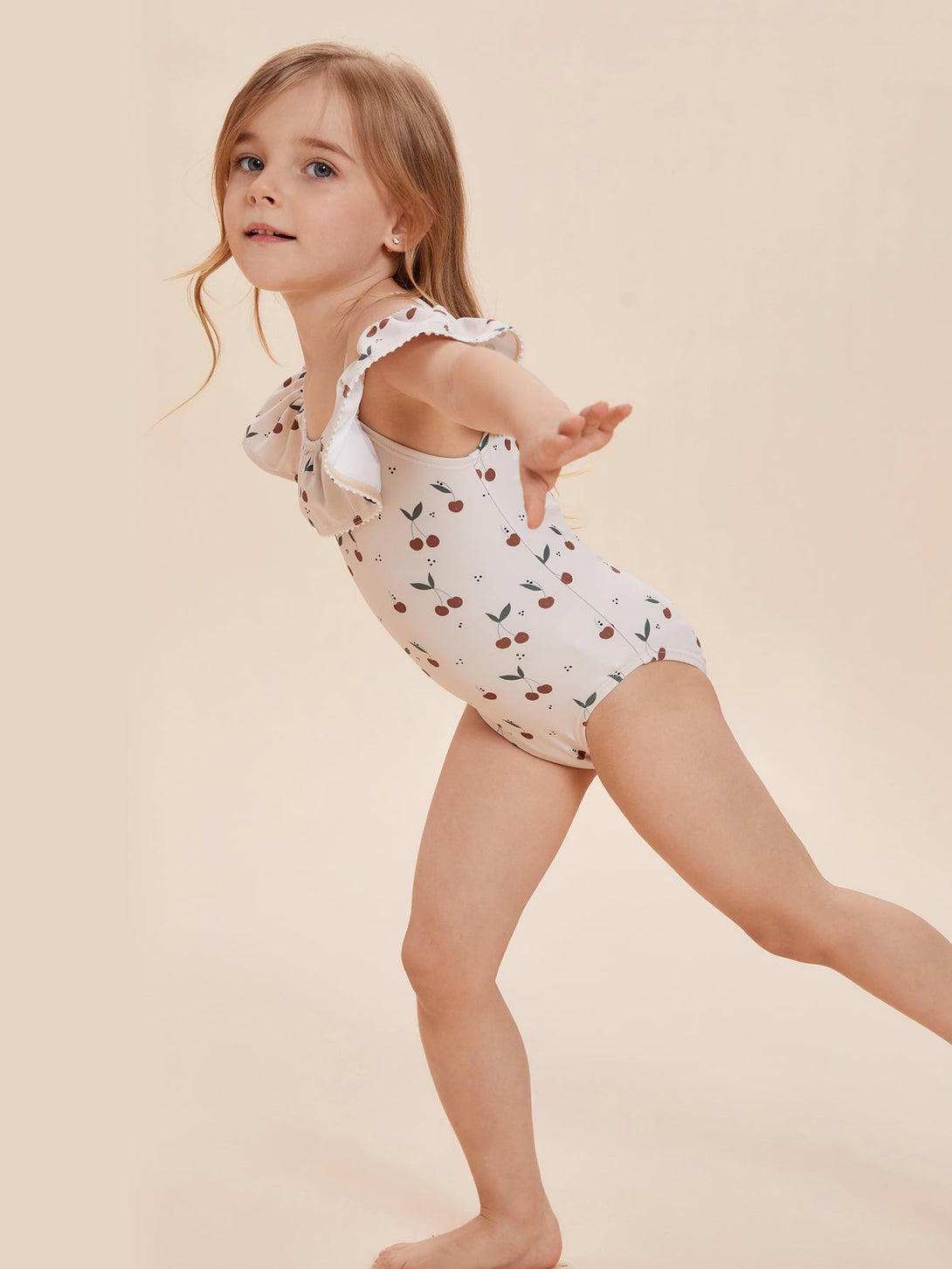 Girls' Cherry Print One - Piece Swimsuit with Ruffles - Stylr