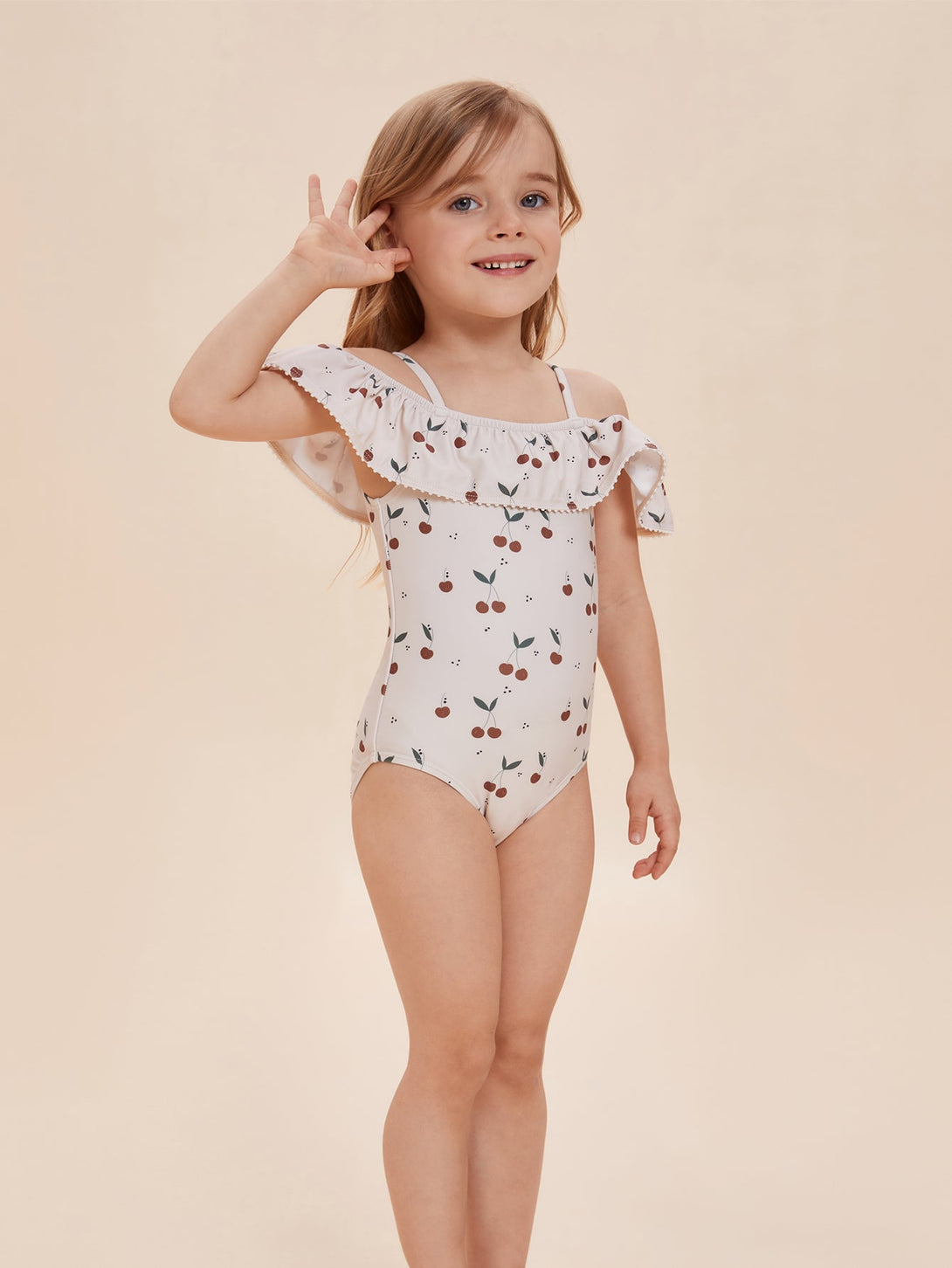 Girls' Cherry Print One - Piece Swimsuit with Ruffles - Stylr
