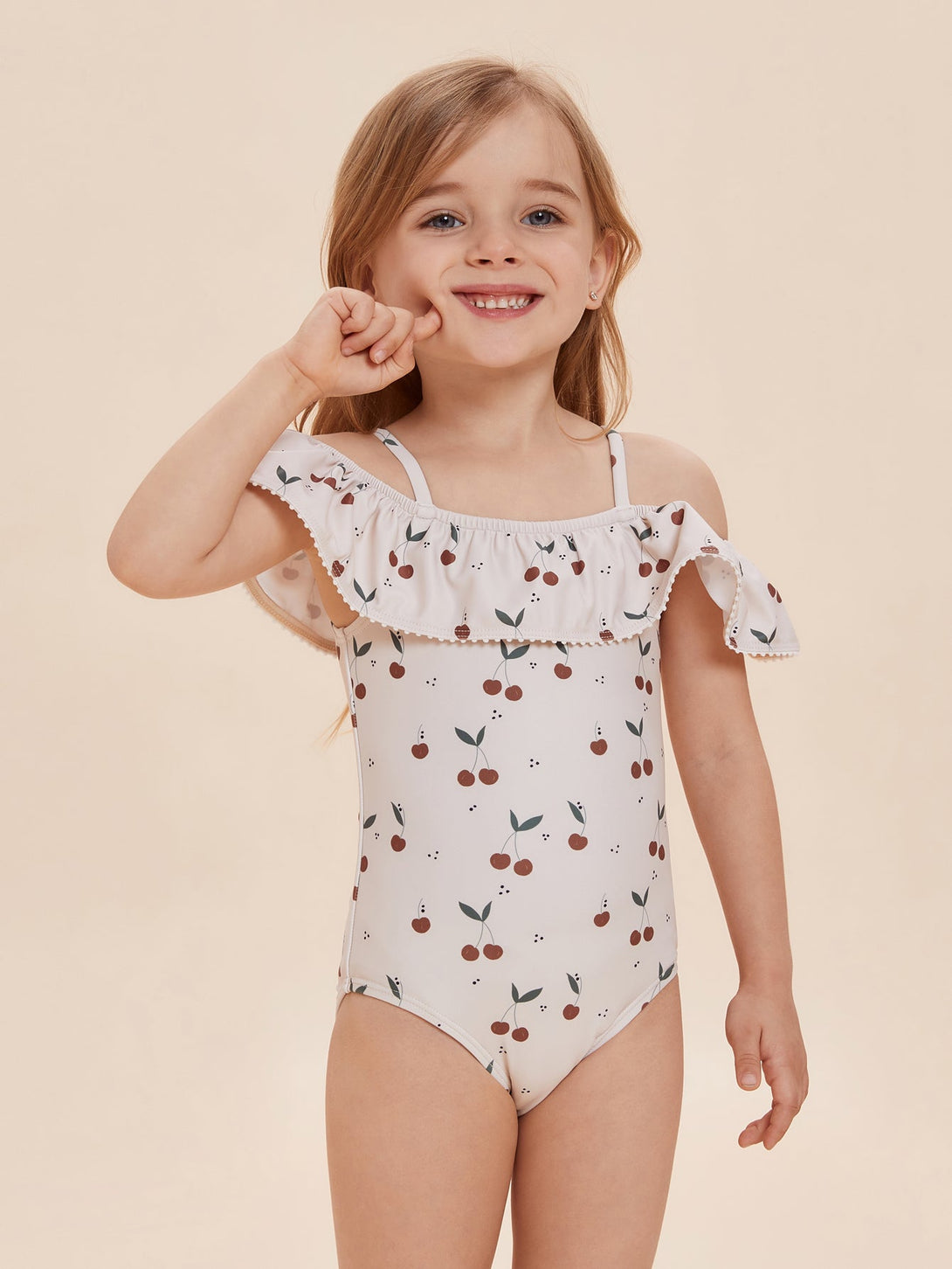 Girls' Cherry Print One - Piece Swimsuit with Ruffles - Stylr
