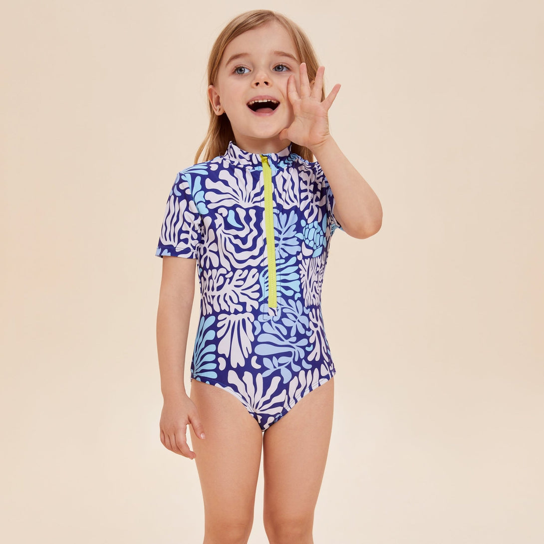 Girls' Coral Print One - Piece Swimsuit with Zipper - Stylr