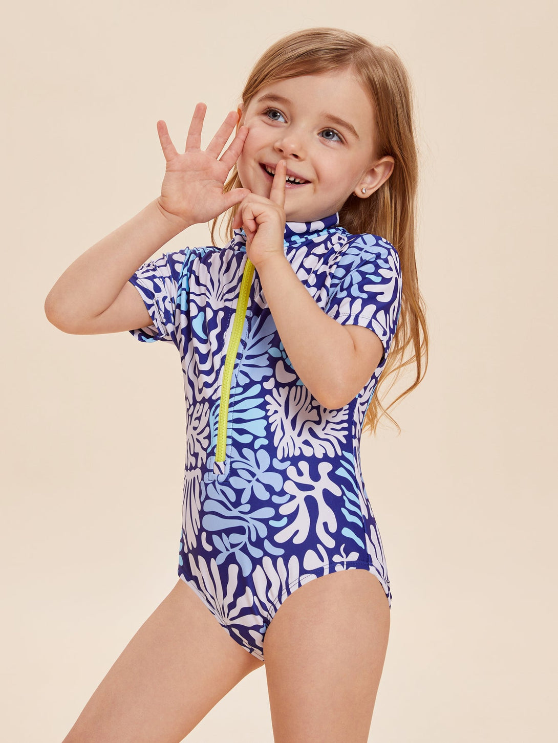 Girls' Coral Print One - Piece Swimsuit with Zipper - Stylr