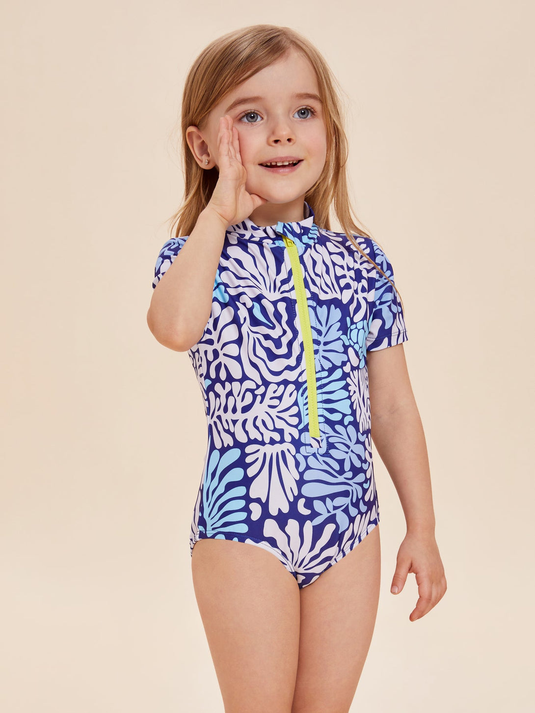 Girls' Coral Print One - Piece Swimsuit with Zipper - Stylr