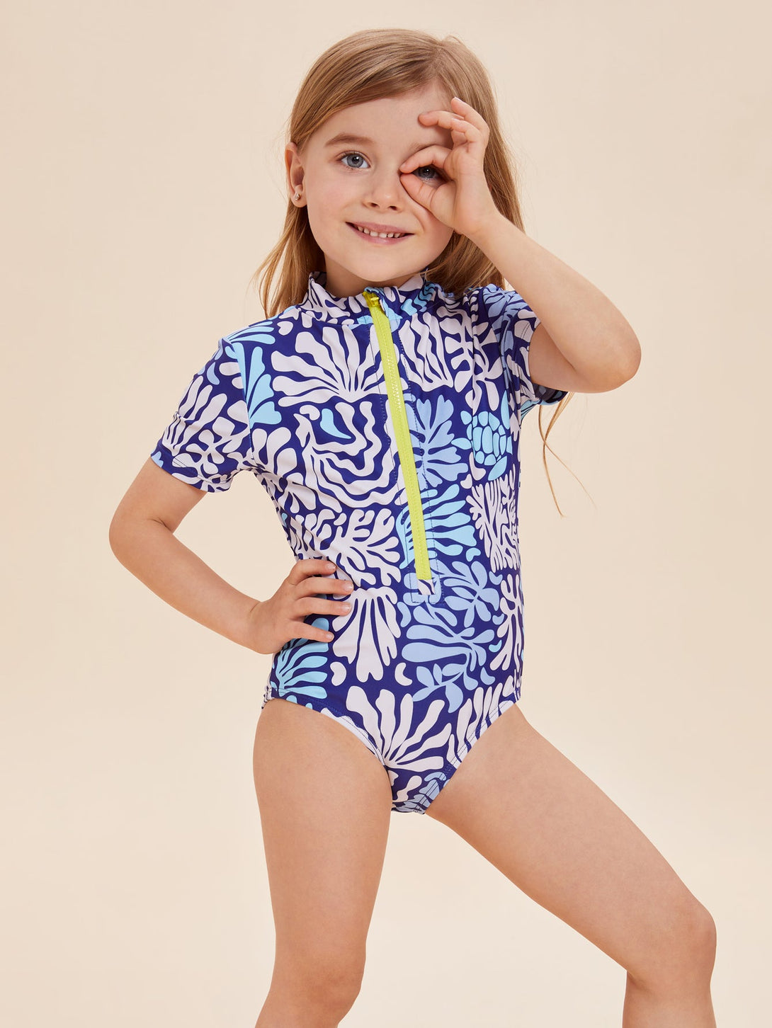 Girls' Coral Print One - Piece Swimsuit with Zipper - Stylr