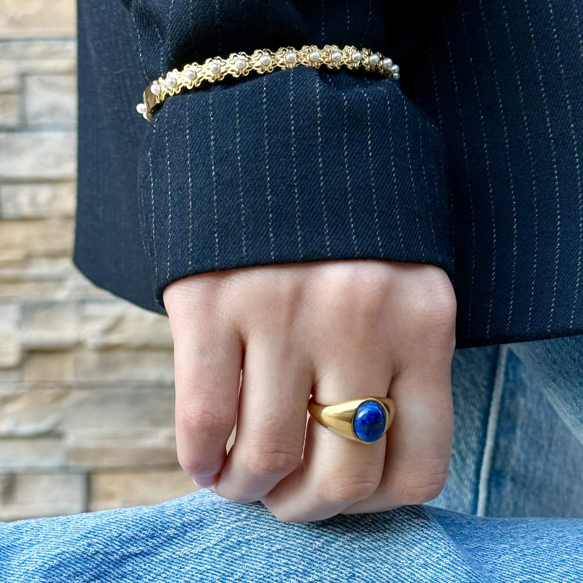 Waterproof Tarnish-Free Oval Lapis Ring, 18k gold-plated stainless steel