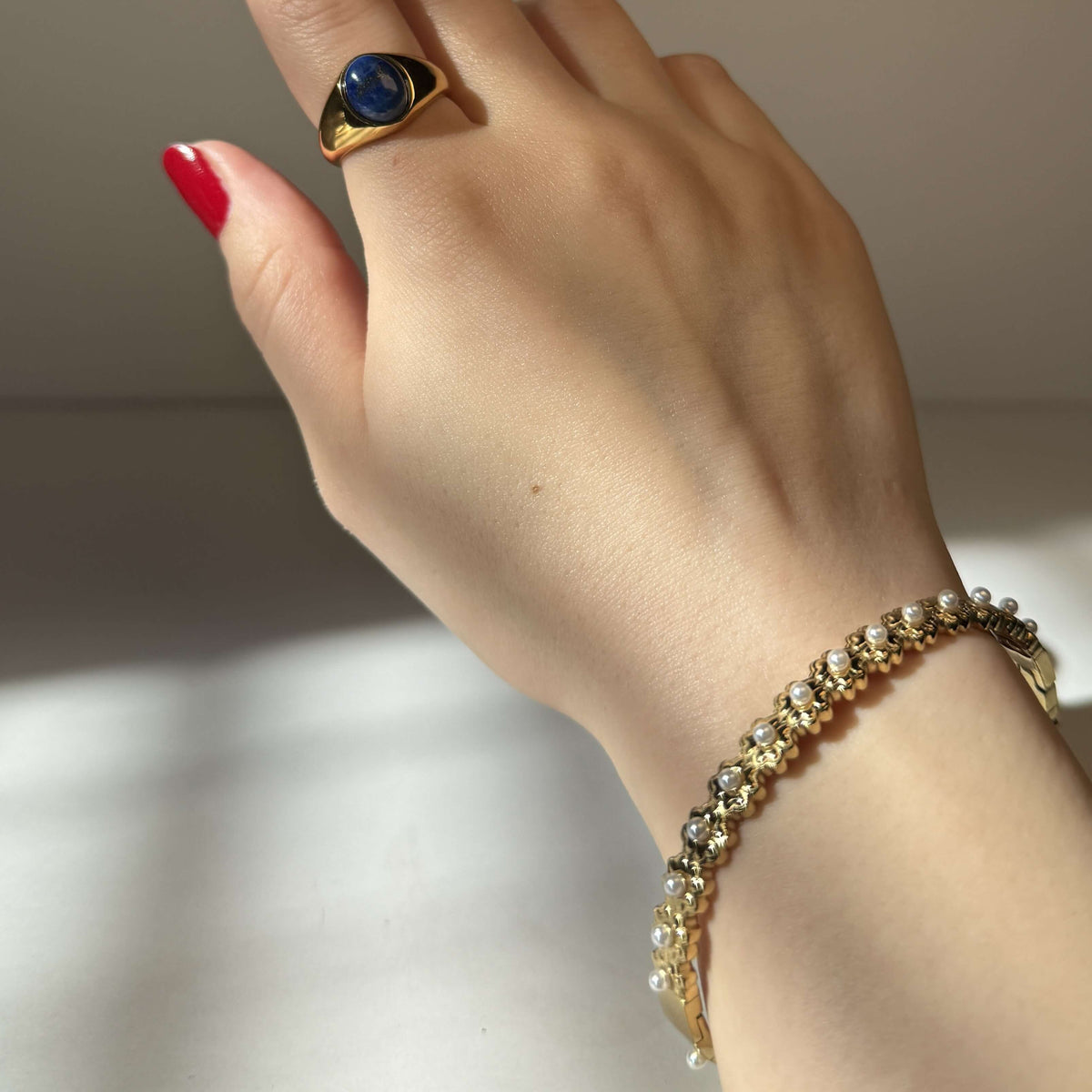 Waterproof Pearl Bangle Bracelet, 18k gold-plated stainless steel