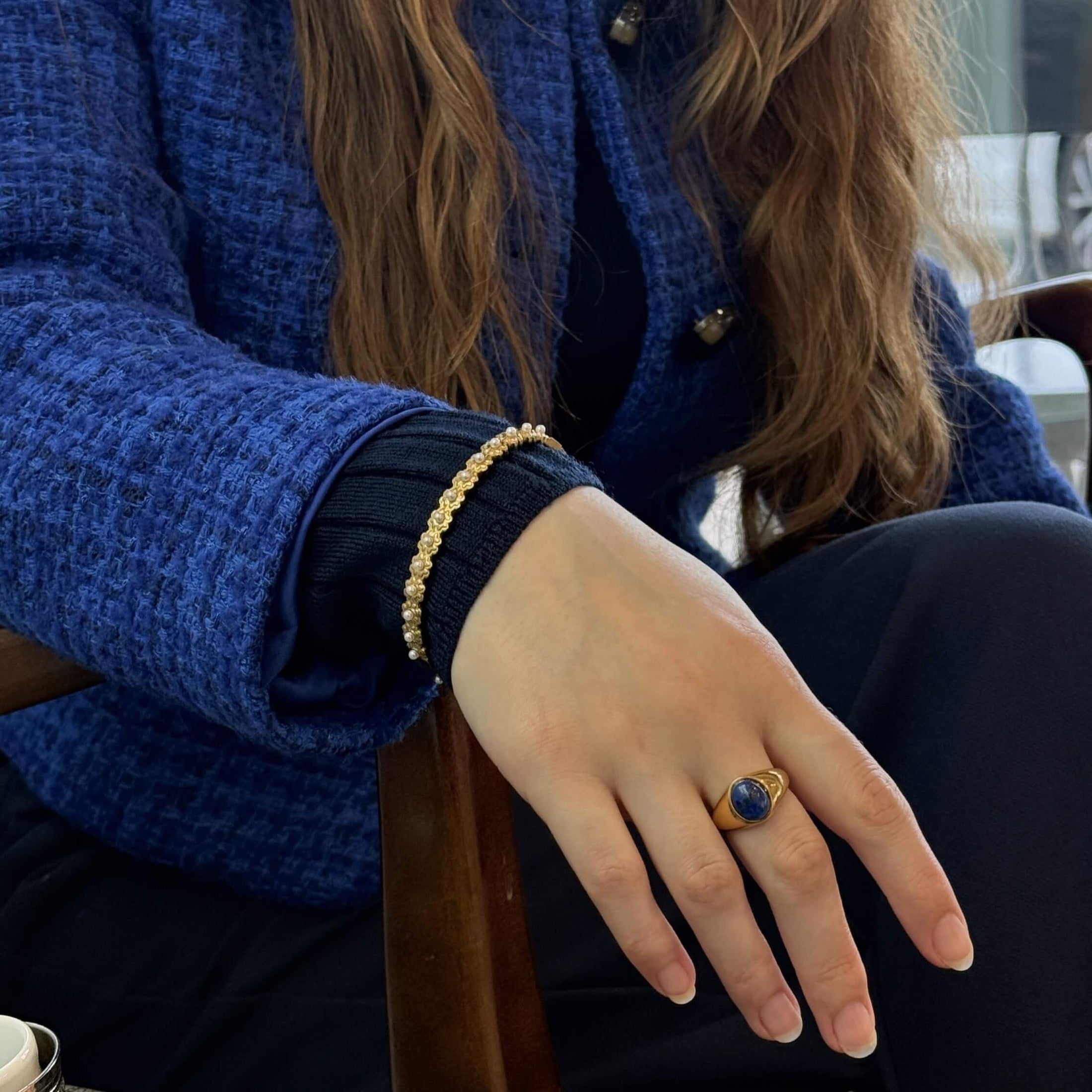 Waterproof Tarnish-Free Oval Lapis Ring, 18k gold-plated stainless steel