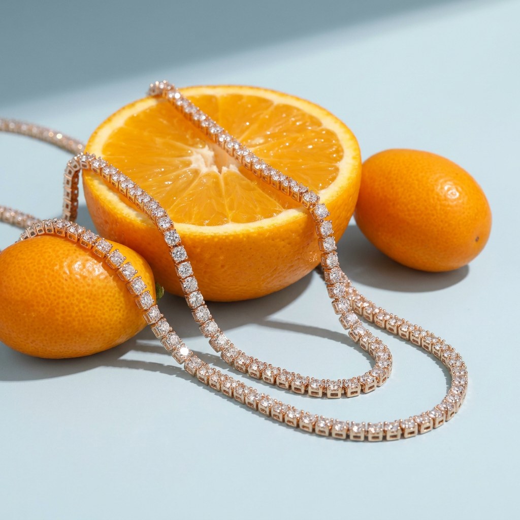 Gold Plated Cubic Zirconia Tennis Necklace on a pale blue backdrop beside a halved orange and two kumquats