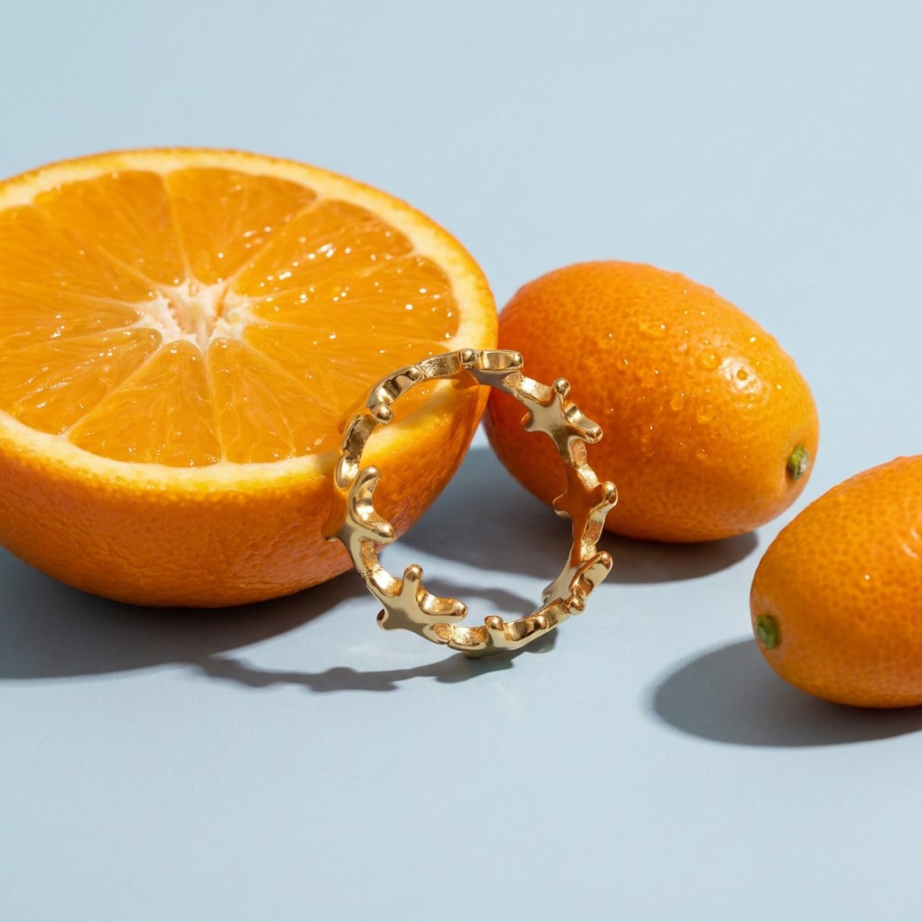 Gold Plated Starfish Band Ring on a pale blue backdrop beside a halved orange and two kumquats