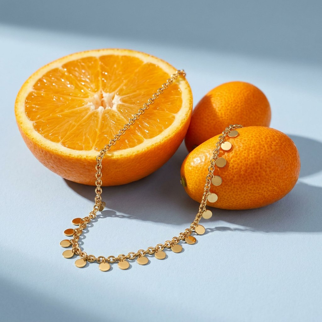 Gold Sequin Fringe Necklace on a pale blue backdrop beside a halved orange and two kumquats