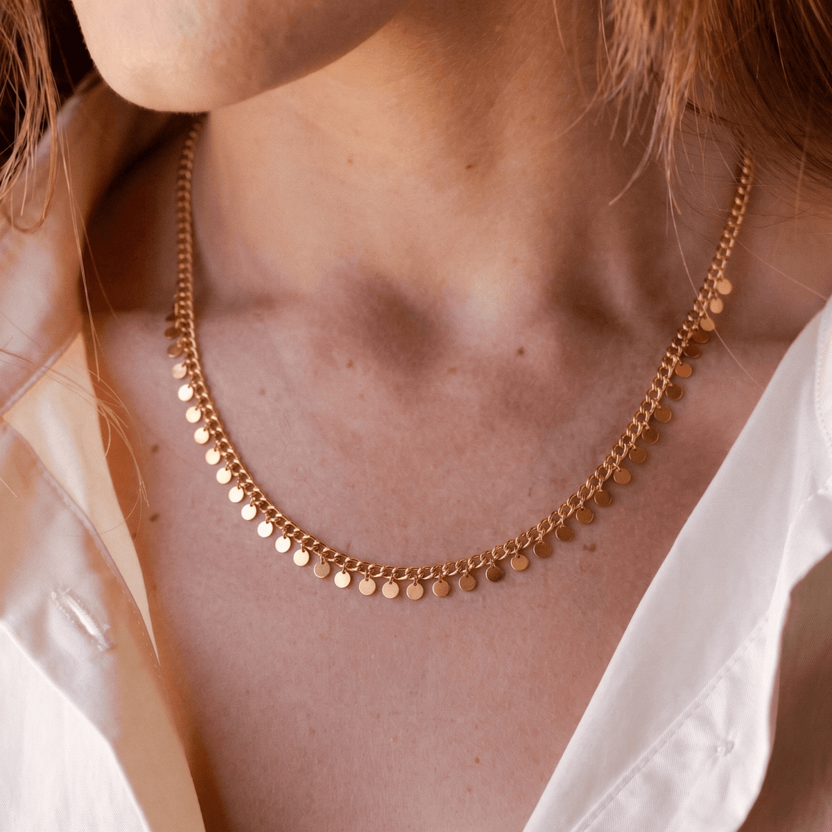 Gold Sequin Fringe Necklace, waterproof 18k gold-plated stainless steel