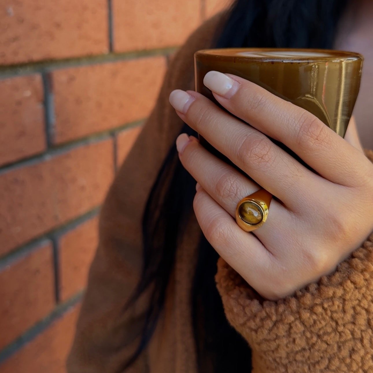 Tiger's eye ring in stainless steel, waterproof gemstone jewelry for women
