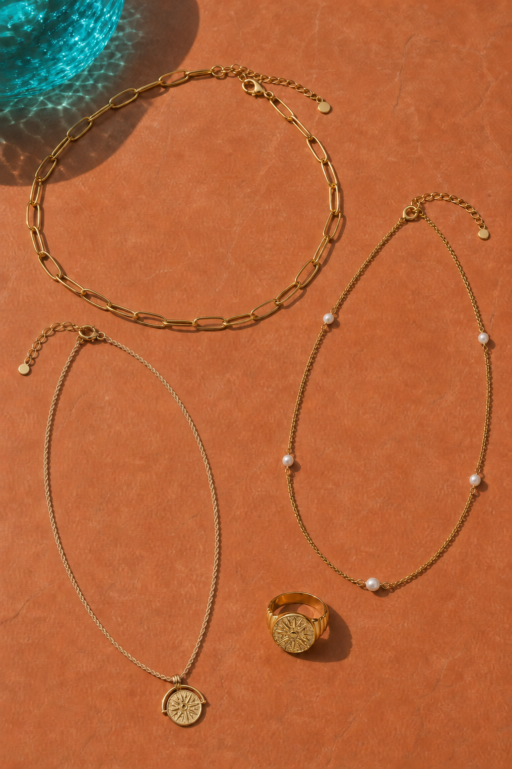 Golden Tide jewelry set — flat lay