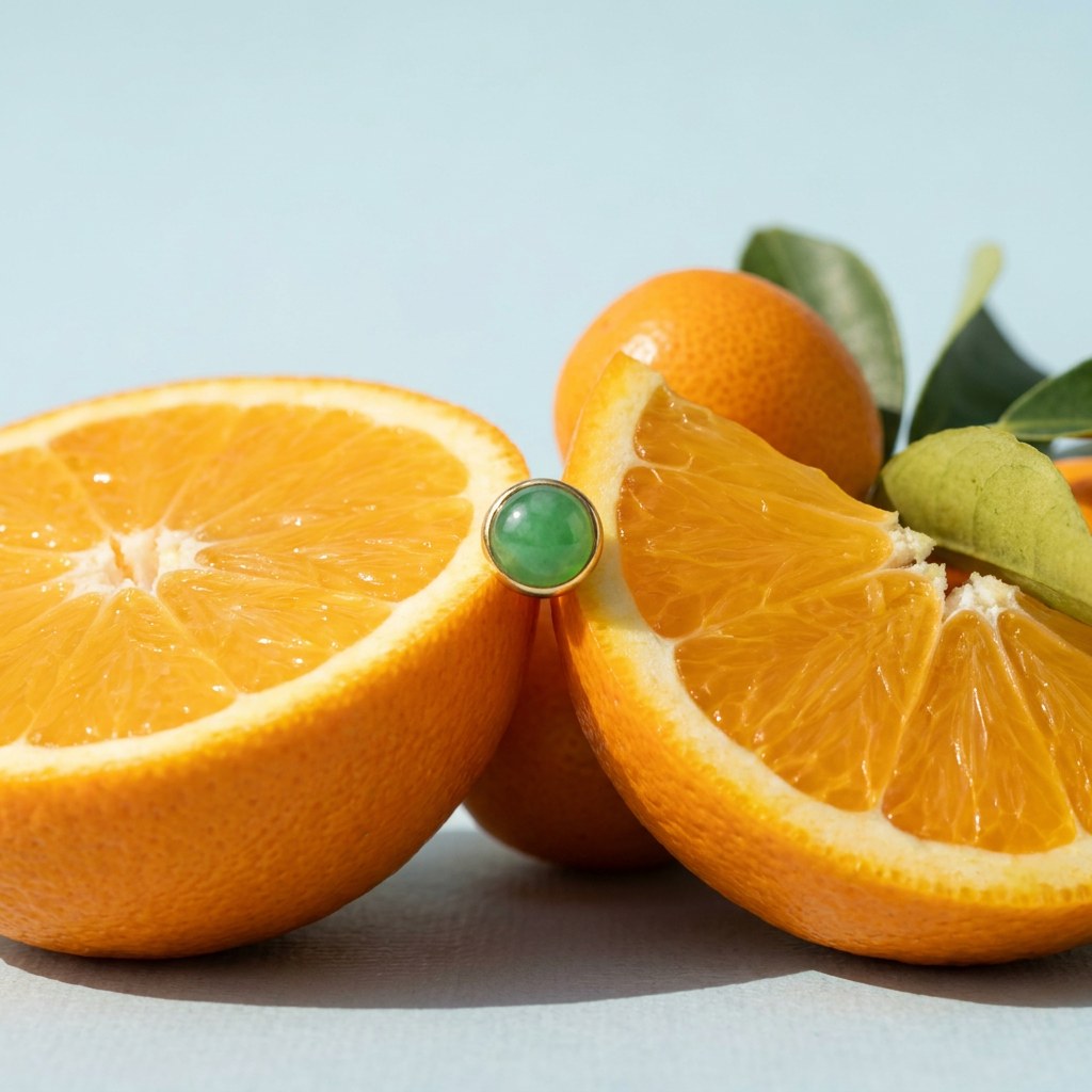 Green Agate Stud Earrings Gold Plated 4mm on a pale blue backdrop beside a halved orange and two kumquats